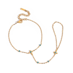 Classic 18K gold stainless steel chain with round blue turquoise stones and lobster clasp