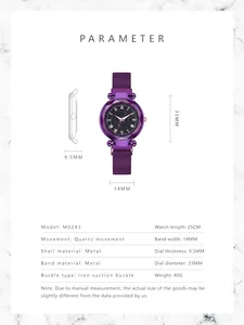 Detailed size chart for starry watch showing 33mm dial and 14mm mesh band dimensions