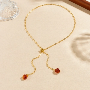 Vintage gold-plated stainless steel Y-necklace with amber geometric stone pendants