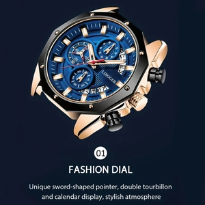 Detail of luxury blue dial with gold casing, unique sword-shaped hands and calendar