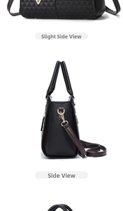 Detail view of black pebble leather handbag with geometric pattern and brown strap