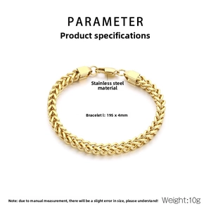 Detailed specs of 4mm gold wheat chain bracelet in stainless steel with lobster clasp