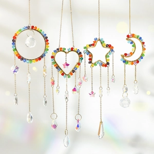 Crystal Suncatcher Hanging Ornament K9 Glass Prism Rainbow Maker Metal Star Moon Heart Sun Window Garden Home Decor Handmade