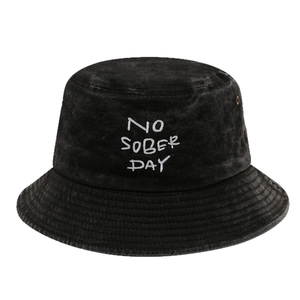 Black washed cotton bucket hat with NO SOBER DAY embroidery for street style look