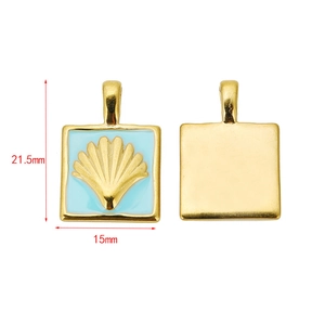Square 18k gold plated stainless steel shell pendant with light blue enamel finish