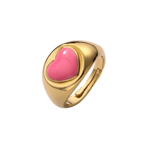 Minimalist adjustable open ring featuring a pink oil-drop heart on a golden metal band