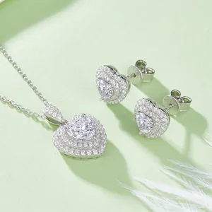 Luxury 925 sterling silver heart-shaped moissanite jewelry set with necklace and earrings