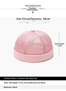 Vue détaillée du bonnet docker rose en mesh avec dimensions 11cm profondeur et 56-60cm contour