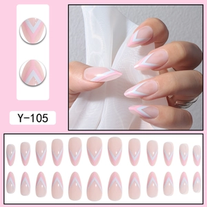 Pink and white V-shape French almond press-on nails set with 24 pieces and model view