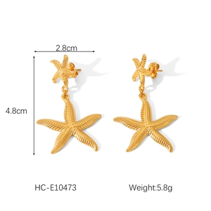 Detail view of gold starfish earrings with dimensions 4.8cm by 2.8cm and weight info