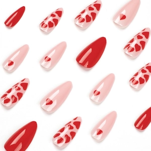 Pink and red heart patterned almond shaped press-on nails set with glossy finish