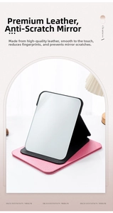Detail view of pink and black PU leather folding vanity mirror with anti-scratch surface