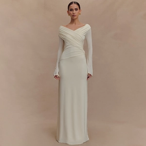 Robe Maxi Pour Femme Froncée À Col En V Manches Longues Coupe Ajustée Couleur Unie Longueur Au Sol Soirée Polyester