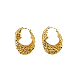 Golden woven twisted stainless steel hoop earrings with multilayered texture on white background