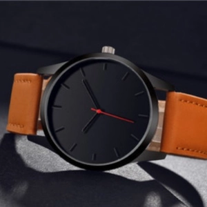 Men's business quartz watch with black dial and brown leather strap from 45-degree angle