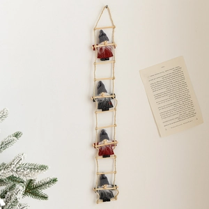 Hanging wooden ladder Christmas ornament with four colorful plush gnome figurines
