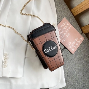 Funny Coffee Cup Shaped Crossbody Bag PU Leather Grid Pattern Lettering Chain Strap Novelty Pouch
