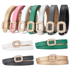 Set of slim women's faux leather belts with luxury pearl inlaid square buckle in seven colors