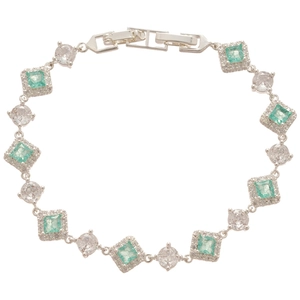 Silver bracelet featuring alternating green square gems and round white crystals with buckle