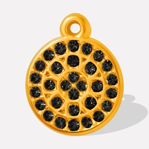 Detailed macro view of a 304 stainless steel gold pendant with black pave crystals