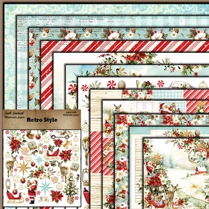 Retro Christmas scrapbooking paper with vintage Santa and deer motifs for junk journals