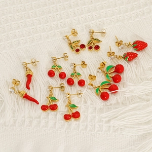 Colorful fruit cherry strawberry and chili stud earrings set with zircon and gold plating
