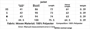 Size chart for women satin blazer showing shoulder, chest, and length in centimeters