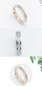 Detail view of rose gold and silver eternity rings with sparkling clear stones