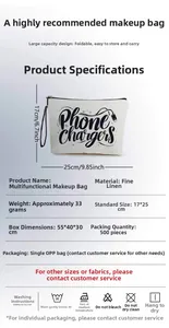 Detail of the 25x17cm linen makeup pouch with a black zipper and Phone Chargers print