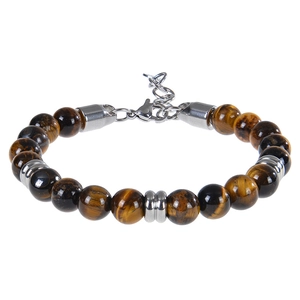 Détail du bracelet en œil de tigre de 8 mm avec perles en métal argenté et fermoir mousqueton