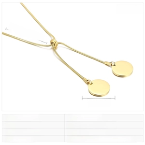 Detailed specs of golden stainless steel snake chain necklace with round pendant charms