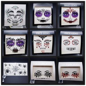 Detailed catalog of Halloween face gem stickers featuring spider and skull designs
