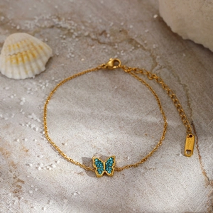 Butterfly Pendant Bracelet Gold Plated Stainless Steel Blue Zircon Inlaid Trendy Jewelry For Women