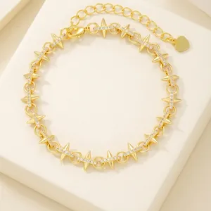 18K gold plated brass link chain bracelet with micro-paved cubic zirconia stones