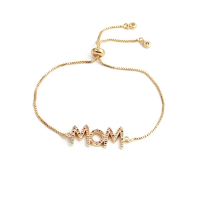 Detail of MOM letter bracelet with gradient colorful zircons and adjustable slider clasp