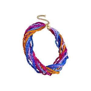 Colorful multilayered beaded choker necklace with twisted strands and gold lobster clasp