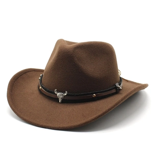 Brown wool felt western cowboy hat with woven band and bull skull metal ornament