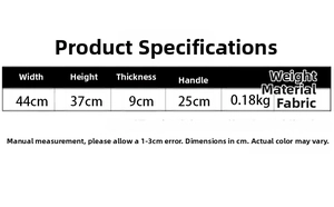 Size guide for large corduroy tote bag showing width 44cm and height 37cm details