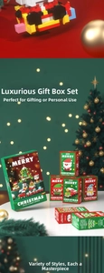 Detailed Christmas micro building block gift box featuring Santa, trees and reindeer models