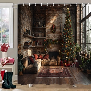 Detail des Weihnachts-Duschvorhangs mit nostalgischem Innendekor und festlichem Druck