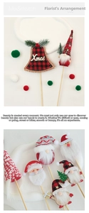 Macro detail of Christmas felt picks featuring Santa, gnomes and plaid bells for bouquets
