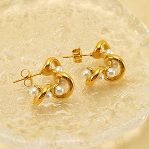 French style 18K gold-plated twisted rope earrings with white pearls for women