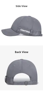 Detail view of grey cotton baseball cap with CONTROL embroidery and adjustable buckle