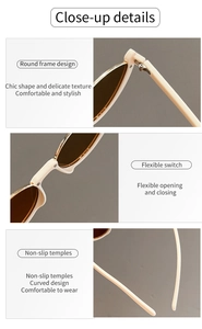 Detailed close-up showing ivory frames with brown lenses and smooth hinges of sunglasses
