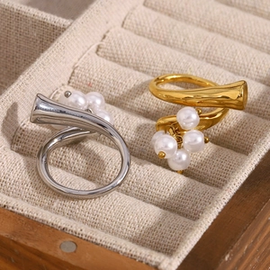 Irregular 18K gold and silver plated stainless steel open rings with pearl tassels