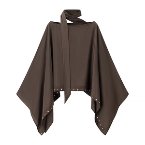 Women Halter Neck Tie Cape Top Sleeveless Metal Eyelet Rivet Hem Loose Fashion Brown Poncho Blouse