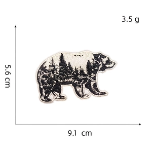 Detailed size view of a bear-shaped forest landscape embroidery patch with dimensions