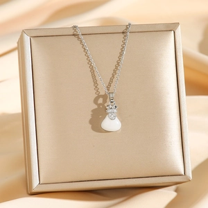 Titanium stalen ketting met witte jade gelukszak hanger op een gouden sieradendoosje