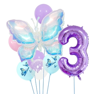 Colorful butterfly and purple number 3 balloon set for children's birthday party decor