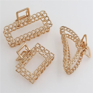 Three-piece gold alloy hair claw clips featuring geometric rectangle and chain designs